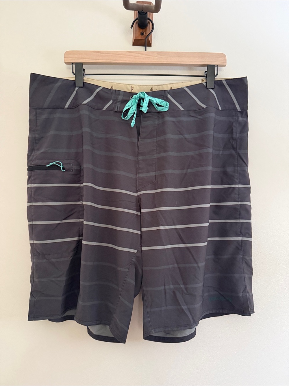 Patagonia Charcoal Gray Striped Swim Board Shorts with Teal Drawstring
